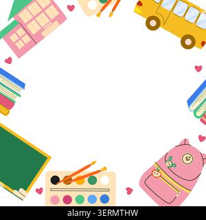 Back to school education frame. Background template in modern style. Kindergarten stationery, chemistry elements and globe, book and schoolbag backgro Stock Vector
