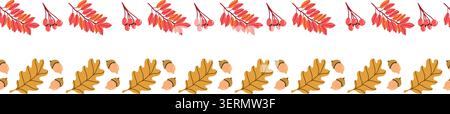 Seamless border of autumn rowan berry and oak leaves. Cartoon flat illustration isolated. Border pattern, washi tapes template for scrapbooking. Stock Vector