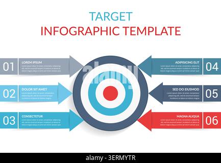 6 Steps to your goal concept, infographic template with target with 6 arrows with text and numbers, vector eps10 illustration Stock Vector