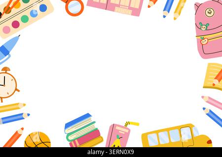 Back to school Sale frame. Education concept illustration. Cartoon flat background template, School supply pomotion background isolated. Stock Vector