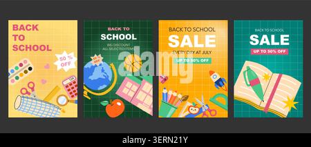 Back to school poster set. Sale ads backgrounds, school and kindergarten or college education concept illustrations set. Cartoon flat cover templates, Stock Vector