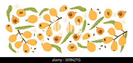 Collection of abstract japanese fruit, loquat set or pattern, contemporary art print. Modern background with hand drawn loquat fruit. Trendy design fo Stock Vector