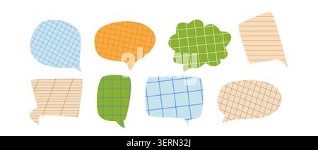 Colorful grid paper speech bubbles with torns. Flat speech balloon stickers for dialogue, collage of notebook, and creative paper cut message. School Stock Vector