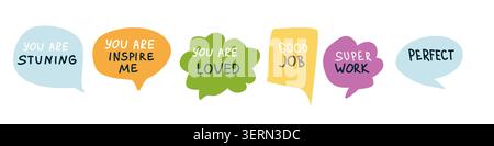 Good job label and symbols set. Colorful speech bubble talks. Good job school and sport achievement, compliment stickers. Stock Vector