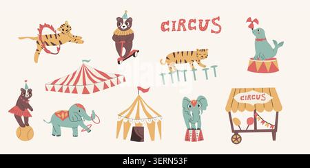 Cute circus animal set. Cartoon flat vector illustration of tiger, bear, elephant and seal. Circus set in retro style with tent and cart with cotton c Stock Vector