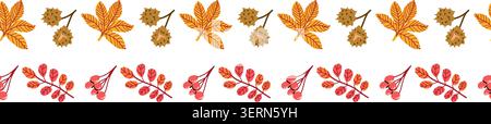 Set of border of autumn rowan berry and fall leaf. Cartoon flat illustration isolated. Border pattern, washi tapes template for scrapbooking. Fall botanical border set. Stock Vector