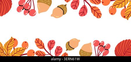 Background frame of fall leaves and berries. Cartoon autumn berries, leaves and pods. Vector illustration of fall botanical elements, frame template or autumn background with copy space. Stock Vector