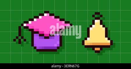 Back to School pixel art Mortarboard and bell. Stock Vector