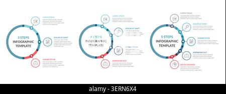 Three infographic templates - 3, 4 and 5 steps or options, diagrams with icons and text, workflow, process charts, vector eps10 illustration Stock Vector