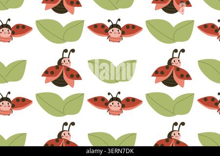 Cute Ladybug and leaves seamless pattern in cartoon flat style. Baby ladybird on leaves in different poses. Red bug set in Childish style. Can used for kids designs, posters and wallpapers, education cards. Stock Vector