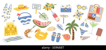Cartoon coastal Mediterranean summer stickers with vacation elements and beach accessories. Cartoon flat style Mediterranean beach and tropical icons. Vector illustration isolated. Stock Vector