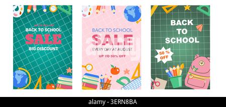 Back to school education concept backgrounds. Sale covers of stationery and accessories for college, elementary school or kindergarten. Cartoon flat vector posters, School backgrounds for ads. Stock Vector