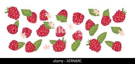 Collection of abstract raspberry pattern contemporary art print. Modern background with hand drawn raspberry berry. Trendy design for wrapping paper, packaging, wall decor. Stock Vector