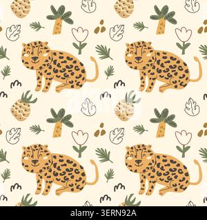 Cute african leopard pineapple and seamless pattern in scandinavian doodle style. Cartoon vector illustration, Tropical palm and fruits, doodle floral elements in childish style. Stock Vector