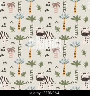Cute african zebra and palm seamless pattern in scandinavian doodle style. Cartoon vector illustration, Tropical palm and grass, doodle floral elements in childish style. Stock Vector
