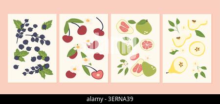 Set of abstract fruit poster. Contemporary art print with hand drawn currant, raspberry, pomelo, quince apple. Trendy design for wall decor, postcard, cover, packaging, t shirt. Stock Vector