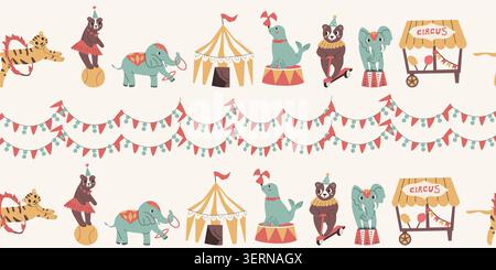 Circus animals and tent seamless border pattern. Retro cartoon vector illustration with cute baby animal. Seal with ball, bear on ball, elephant with rings and circus cart and tent. Stock Vector