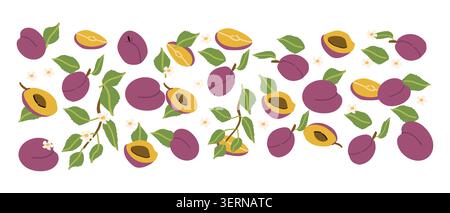Collection of abstract plum, purple fruit set or pattern, contemporary art print. Modern background with hand drawn plum fruit. Trendy design for wrapping paper, packaging, wall decor. Stock Vector
