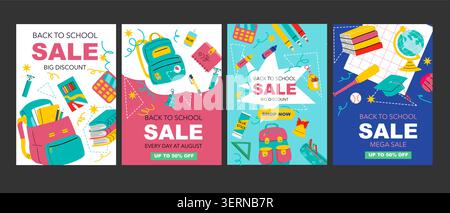 Back to school poster set. Sale banners of stationery and accessories for college, elementary school or kindergarten. Cartoon flat vector covers, Education concept backgrounds for ads. Stock Vector
