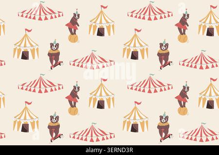 Circus animals and tent seamless pattern. Retro cartoon vector illustration with cute baby animal. Bears on bike and ball. Circus seamless endless background. Stock Vector