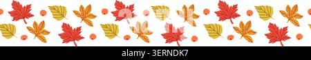 Seamless border of autumn maple and birch leaves. Cartoon flat illustration isolated. Border pattern, washi tapes template for scrapbooking. Stock Vector