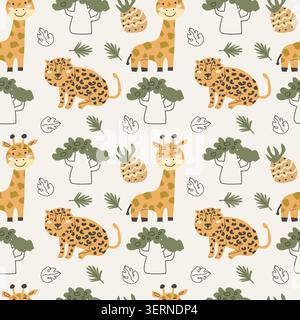 Cute african leopard, giraffe and pineapple and seamless pattern in scandinavian doodle style. Cartoon vector illustration, Tropical palm and fruits, doodle floral elements in childish style. Stock Vector