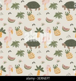 Cute african turtle and flamingo seamless pattern in scandinavian doodle style. Cartoon vector illustration, Tropical palm and fruits, doodle floral elements in childish style. Stock Vector
