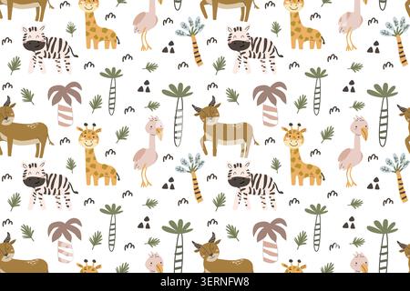 Cute pattern with baby jungle animals in scandinavian childish style. Adorable zebra, giraffe and other safari animals with tropical palms. Stock Vector