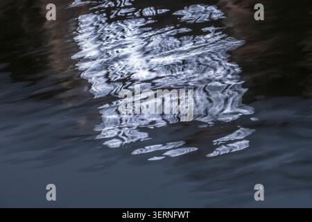 Abstract water reflection featuring fluid ripples and high-contrast light distortion. ICM technique used to create impressionistic movement. Deep blue Stock Photo