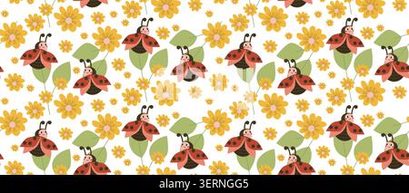 Cute Ladybug and flowers seamless pattern in cartoon flat style. Baby ladybird on leaves and daisy flowers. Red bug set in Childish style. Can used for kids designs, posters and wallpapers, education cards. Stock Vector
