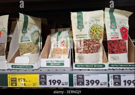 VORONEZH, Russia - February 24, 2026.Health food products from Vkus & Polza are arranged on a supermarket shelf in Russia. The display includes packag Stock Photo
