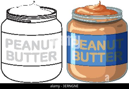 Two open peanut butter jars side by side in colored and black line art styles Stock Vector