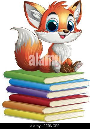 A vibrant vector illustration of a happy fox kit sitting on colorful school books. Stock Vector