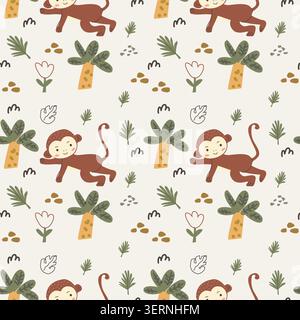 Cute african monkey and palm seamless pattern in scandinavian doodle style. Cartoon vector illustration, Tropical palm and fruits, doodle floral elements in childish style. Stock Vector