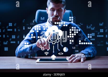 Business professional interacts with software on tablet in modern office setting Stock Photo