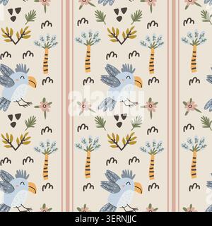 Cute african parrot and palm seamless pattern in scandinavian doodle style. Cartoon vector illustration, Tropical palm and flowers, doodle floral elements in childish style. Stock Vector