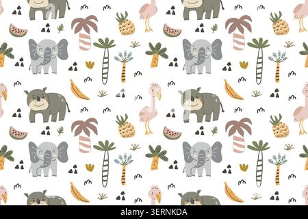 Safari animals seamless pattern with palm and grass, tropical fruits. Doodle scandinavian style. Nursery baby print for wallpaper, textile, fabric design. Cute elephant, rhino and flamingo. Stock Vector
