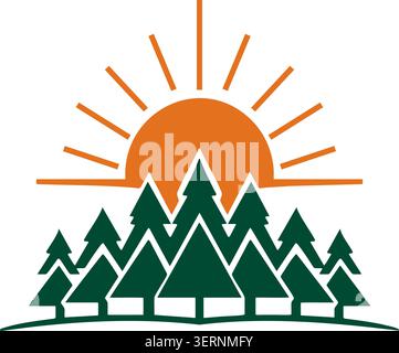 A warm sunrise rises behind a row of pine trees in a simple nature landscape scene Stock Photo