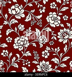 Decorative chintz-inspired floral design, stylized Jacobean flowers, leaves. Seamless vector pattern, hand-drawn aesthetic evokes classic textile prin Stock Vector