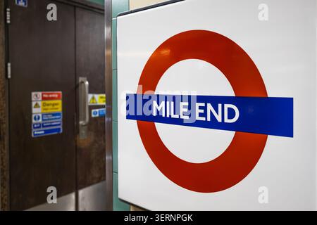 London Underground roundel sign at Mile End station. London, UK, 31 December 2023 Stock Photo
