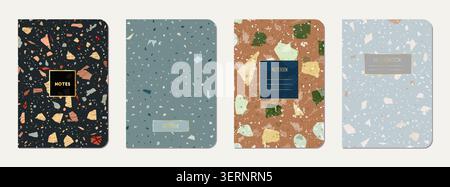 School notebook cover design. Terrazzo abstract background made of natural stones, granite, quartz and marble. Venetian terrazzo texture school notebo Stock Photo