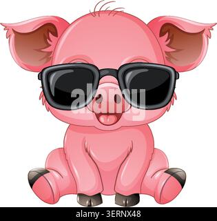 Adorable pink piglet wearing sunglasses sits on white background in clean vector cartoon style. Stock Vector