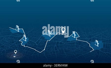 Fast supercharger station. Path turns and destination tag or mark. Huge city top view Tracking path, route. Vector illustration Stock Vector