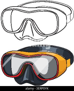 Two scuba diving masks presented in colored vector and black and white line art styles Stock Vector