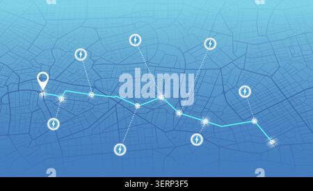 Location EV charging station location mark on gps navigation map a lot with fast supercharger station. Path turns and destination tag or mark Stock Vector