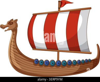 A cartoon style wooden viking ship with a dragon figurehead and striped sail on white Stock Vector