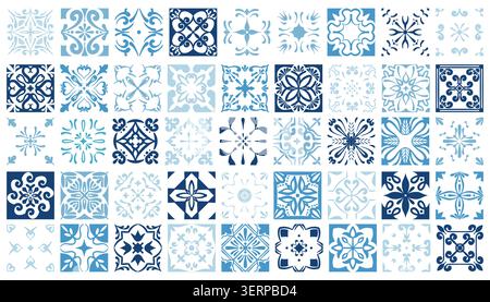 Mediterranean ceramic tiles with blue patterns and floral ornaments. Portuguese azulejo mosaic design for decorative walls, floors and traditional Stock Vector