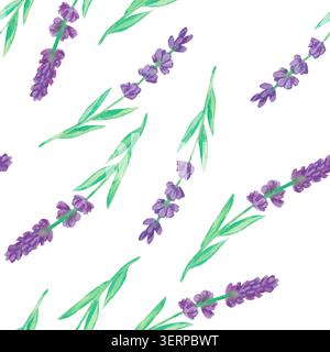 Seamless watercolor pattern featuring large, detailed purple lavender sprigs and green leaves isolated on a white background. Perfect for high-quality Stock Photo