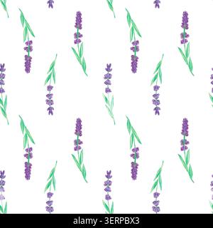 Hand-painted watercolor seamless pattern with upright purple lavender sprigs and green leaves isolated on a white background. A neat and structured bo Stock Photo