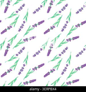 Hand-painted watercolor seamless pattern featuring purple lavender sprigs and fresh green leaves isolated on a white background. Clean and minimalisti Stock Photo